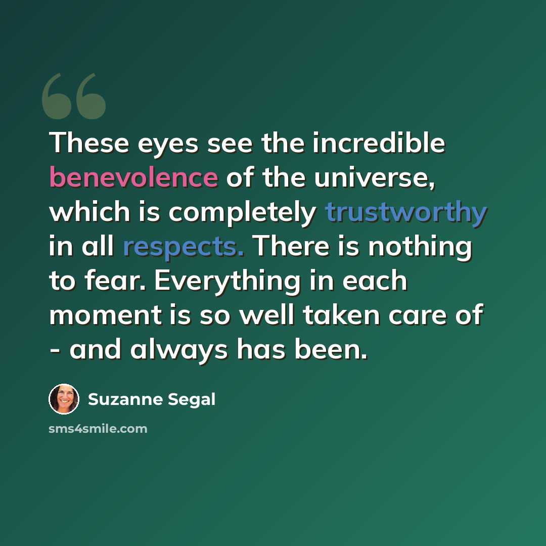 “These eyes see the incredible benevolence of the universe, which is completely trustworthy in all respects. There is nothing to fear. Everything in each moment is so well taken care of - and always has been.” quote by Suzanne Segal