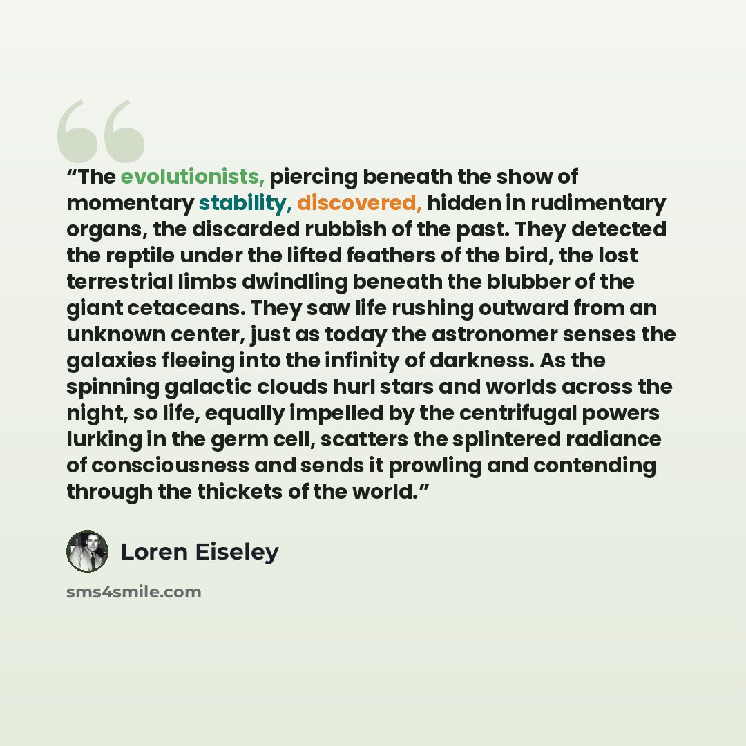 “The evolutionists, piercing beneath the show of momentary stability, discovered, hidden in rudimentary organs, the discarded rubbish of the past. They detected the reptile under the lifted feathers of the bird, the lost terrestrial limbs dwindling beneath the blubber of the giant cetaceans. They…” quote by Loren Eiseley