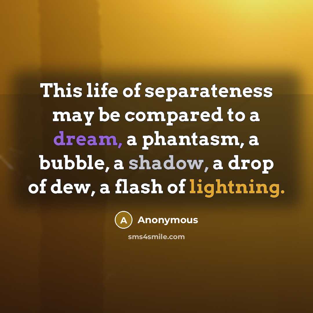 “This life of separateness may be compared to a dream, a phantasm, a bubble, a shadow, a drop of dew, a flash of lightning.” quote by Anonymous
