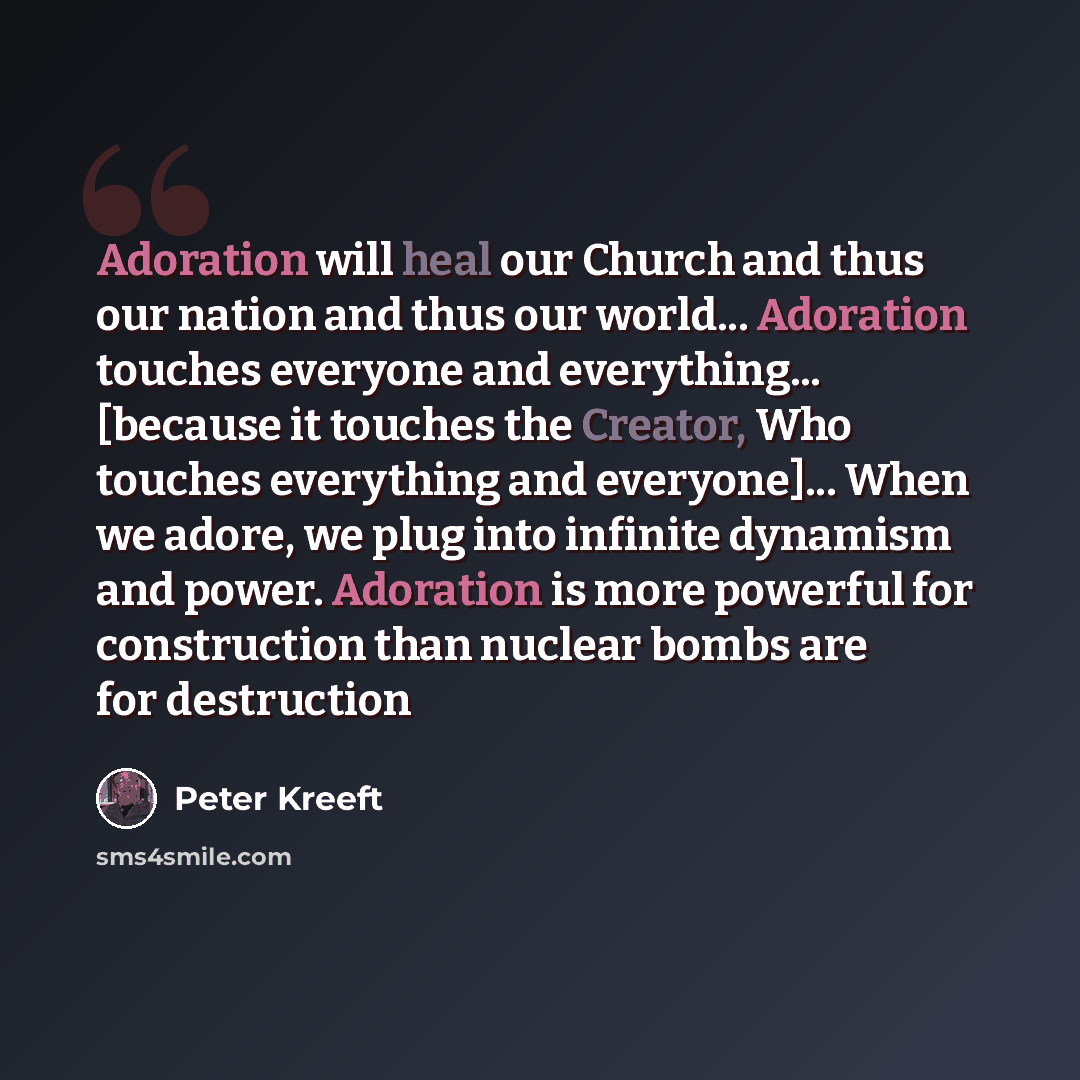 “Adoration will heal our Church and thus our nation and thus our world... Adoration touches everyone and everything... [because it touches the Creator, Who touches everything and everyone]... When we adore, we plug into infinite dynamism and power. Adoration is more powerful for construction than…” quote by Peter Kreeft