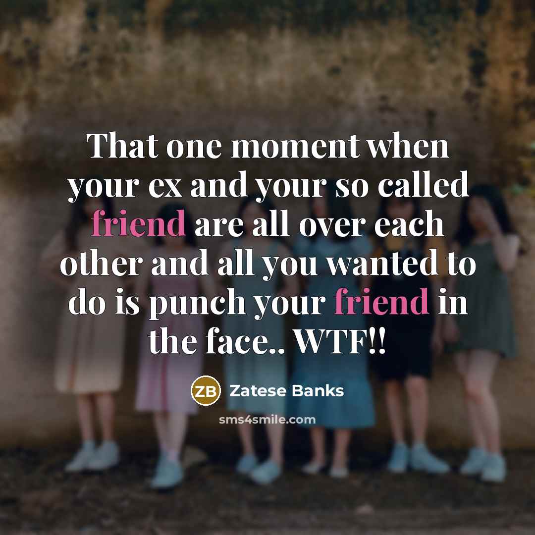 “That one moment when your ex and your so called friend are all over each other and all you wanted to do is punch your friend in the face.. WTF!!” quote by Zatese Banks