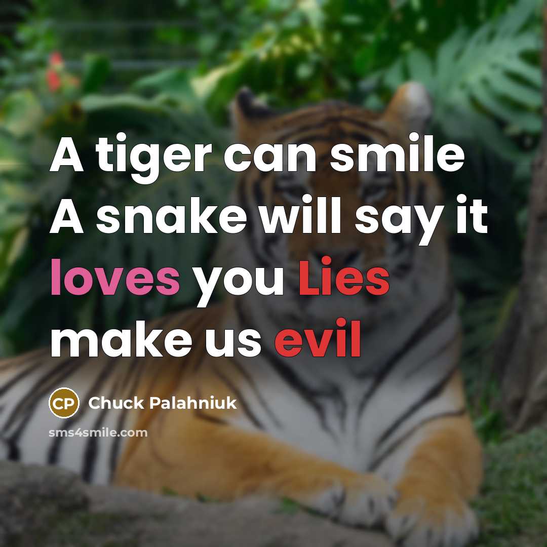 “A tiger can smile A snake will say it loves you Lies make us evil” quote by Chuck Palahniuk