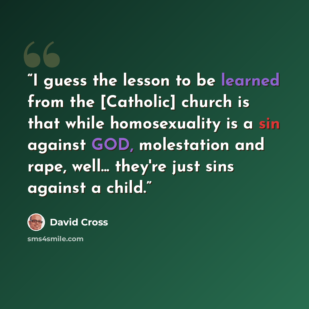 “I guess the lesson to be learned from the [Catholic] church is that while homosexuality is a sin against GOD, molestation and rape, well... they're just sins against a child.” quote by David Cross