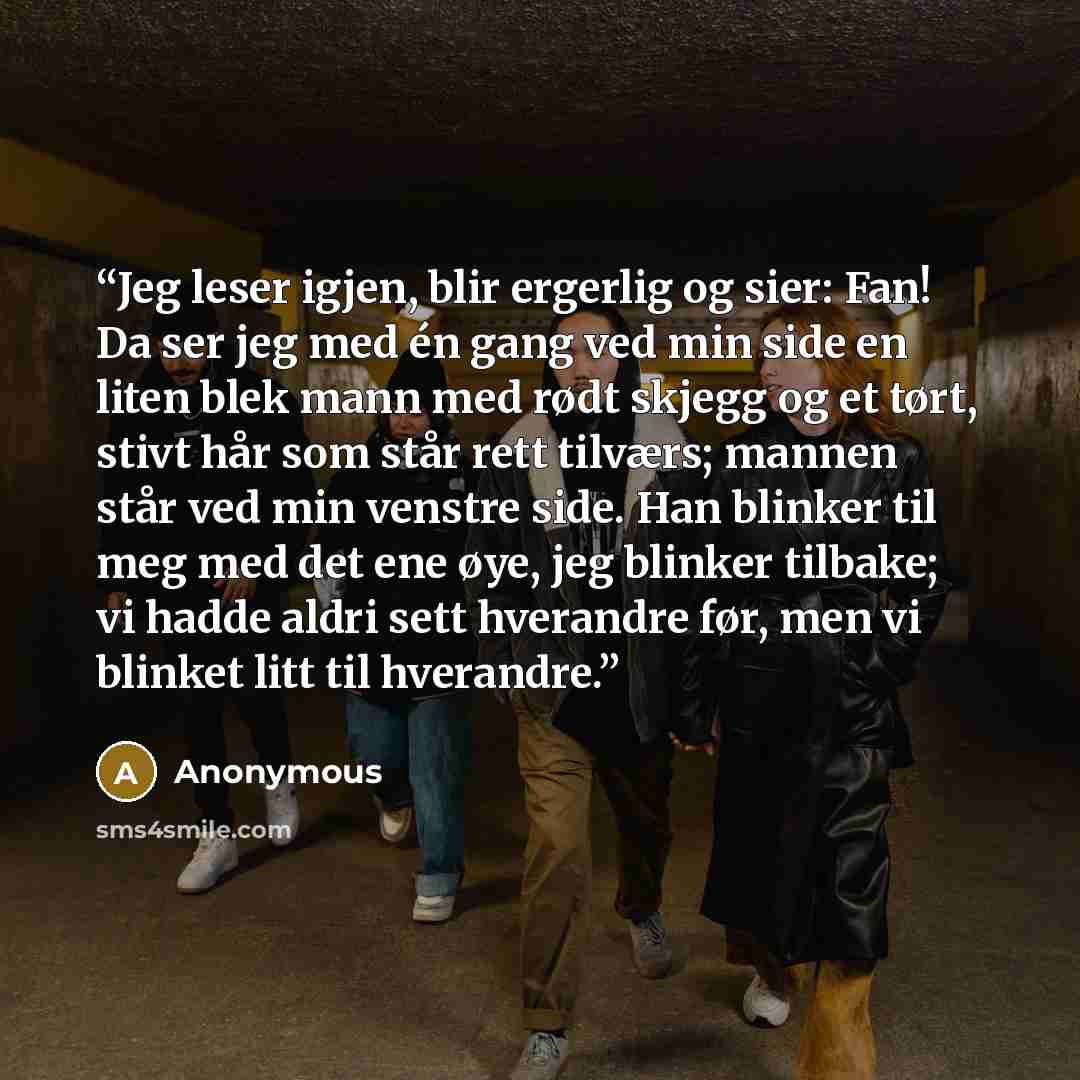 “Jeg leser igjen, blir ergerlig og sier: Fan! Da ser jeg med én gang ved min side en liten blek mann med rødt skjegg og et tørt, stivt hår som står rett tilværs; mannen står ved min venstre side. Han blinker til meg med det ene øye, jeg blinker tilbake; vi hadde aldri sett hverandre før, men vi…” quote by Anonymous
