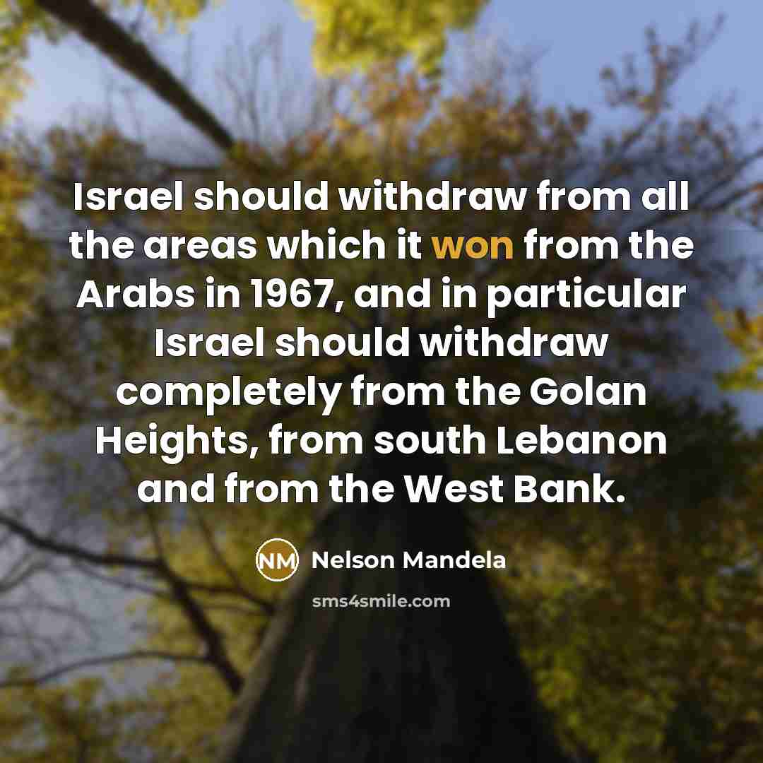 “Israel should withdraw from all the areas which it won from the Arabs in 1967, and in particular Israel should withdraw completely from the Golan Heights, from south Lebanon and from the West Bank.” quote by Nelson Mandela