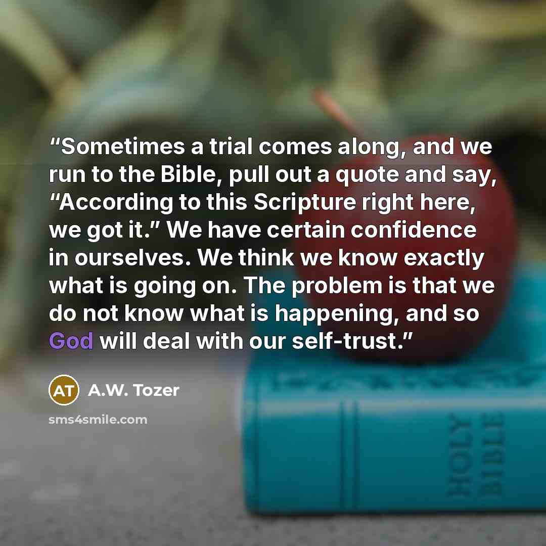 “Sometimes a trial comes along, and we run to the Bible, pull out a quote and say, “According to this Scripture right here, we got it.” We have certain confidence in ourselves. We think we know exactly what is going on. The problem is that we do not know what is happening, and so God will deal with…” quote by A.W. Tozer