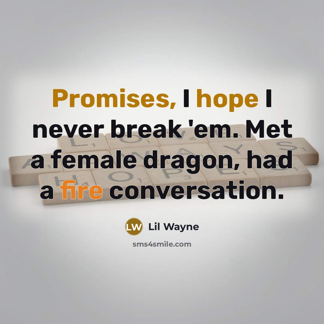 “Promises, I hope I never break 'em. Met a female dragon, had a fire conversation.” quote by Lil Wayne