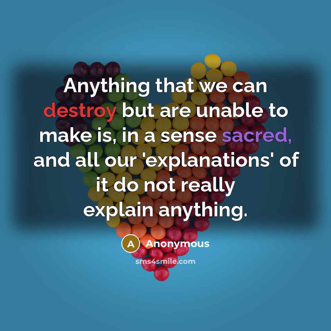 “Anything that we can destroy but are unable to make is, in a sense sacred, and all our 'explanations' of it do not really explain anything.” quote by Anonymous