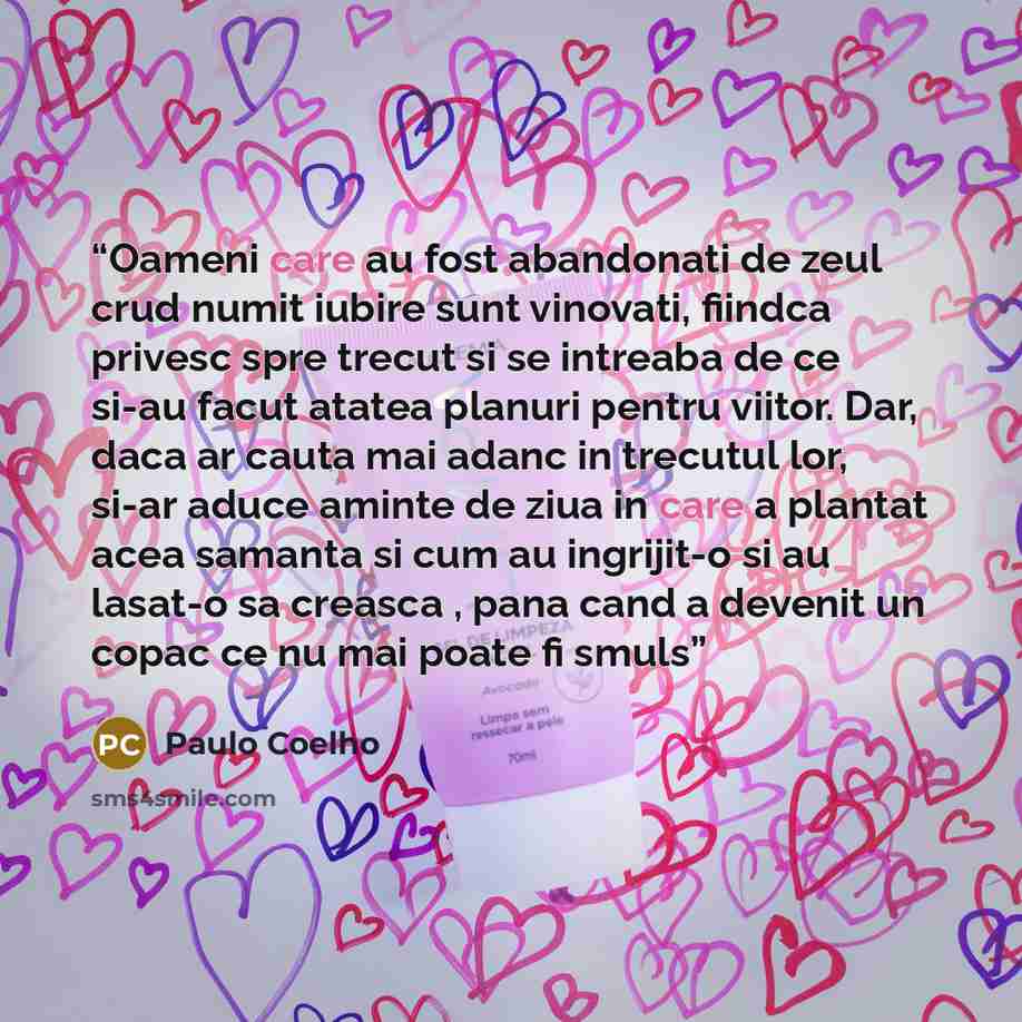 “Oameni care au fost abandonati de zeul crud numit iubire sunt vinovati, fiindca privesc spre trecut si se intreaba de ce si-au facut atatea planuri pentru viitor. Dar, daca ar cauta mai adanc in trecutul lor, si-ar aduce aminte de ziua in care a plantat acea samanta si cum au ingrijit-o si au…” quote by Paulo Coelho