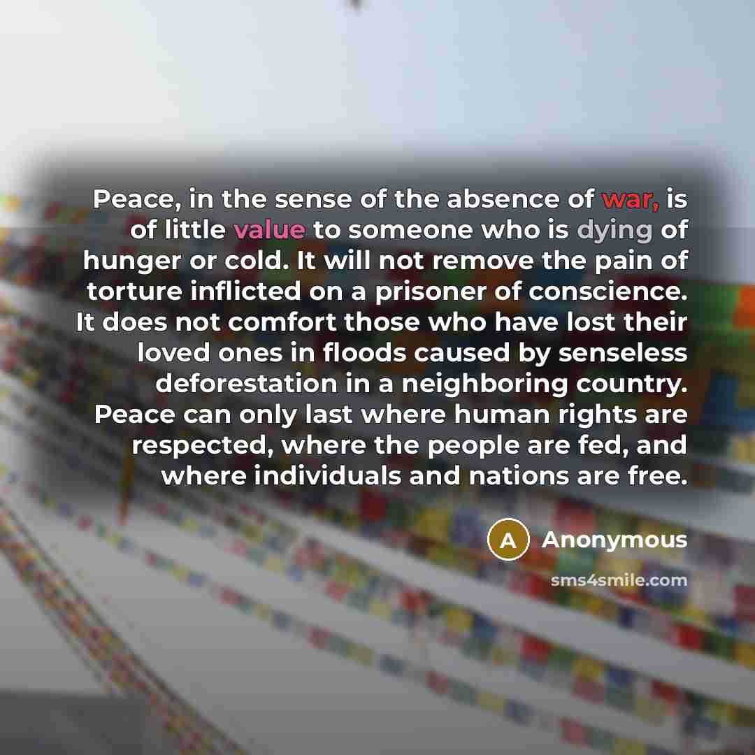 “Peace, in the sense of the absence of war, is of little value to someone who is dying of hunger or cold. It will not remove the pain of torture inflicted on a prisoner of conscience. It does not comfort those who have lost their loved ones in floods caused by senseless deforestation in a…” quote by Anonymous