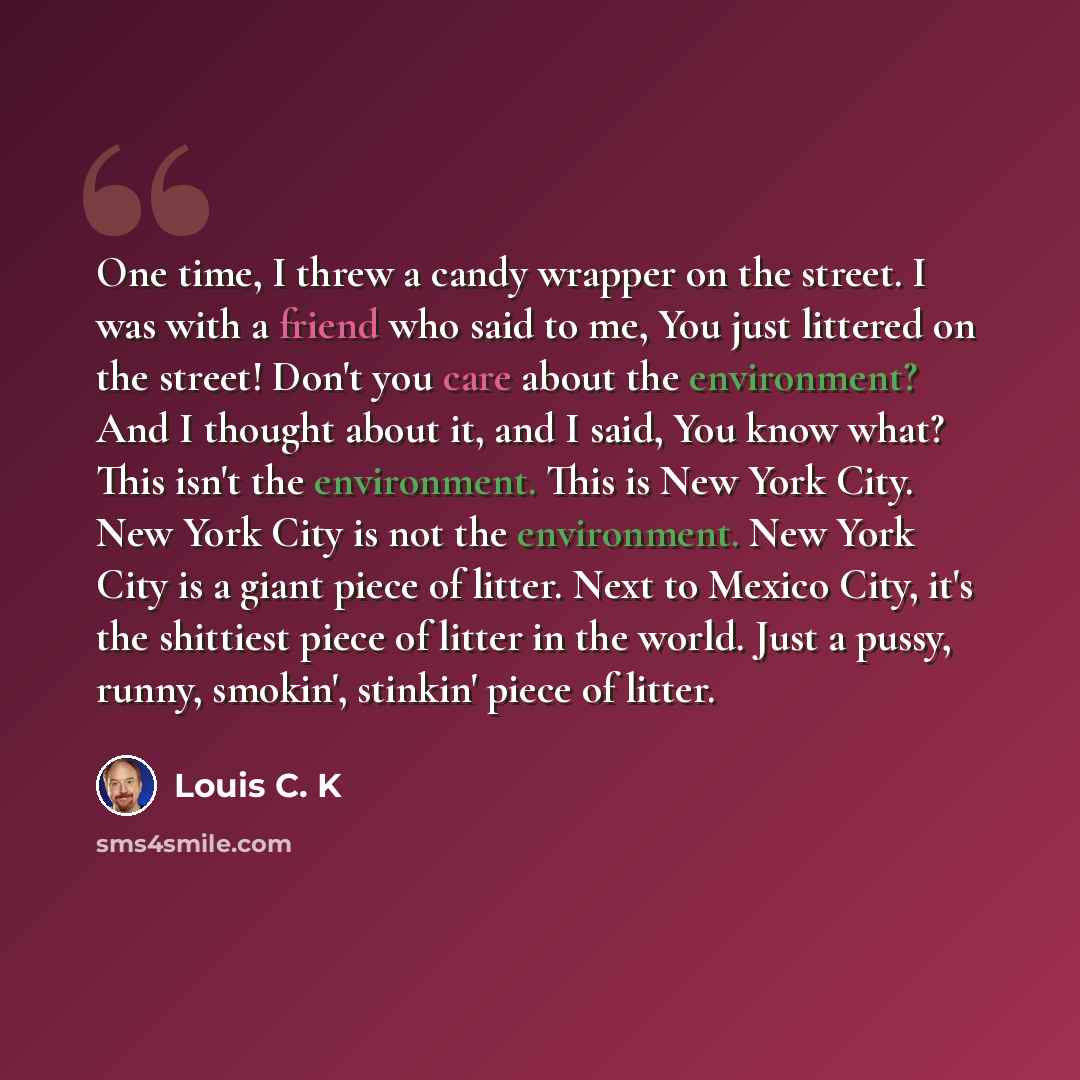 “One time, I threw a candy wrapper on the street. I was with a friend who said to me, You just littered on the street! Don't you care about the environment? And I thought about it, and I said, You know what? This isn't the environment. This is New York City. New York City is not the environment…” quote by Louis C. K