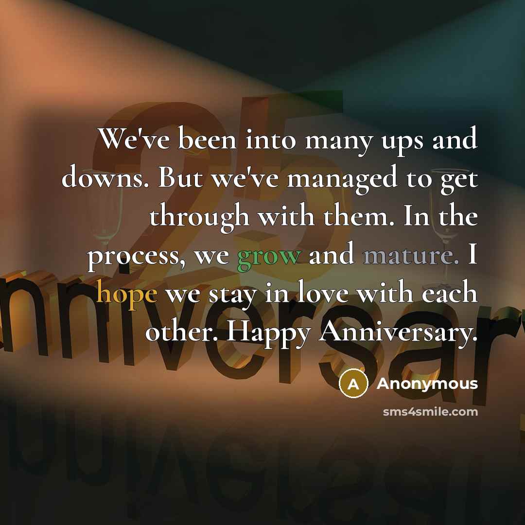 “We've been into many ups and downs. But we've managed to get through with them. In the process, we grow and mature. I hope we stay in love with each other. Happy Anniversary.” quote by Anonymous