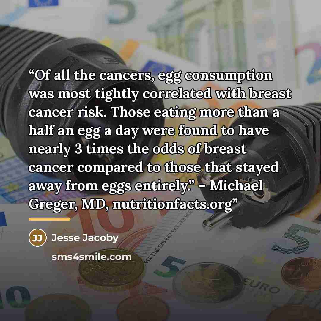 “Of all the cancers, egg consumption was most tightly correlated with breast cancer risk. Those eating more than a half an egg a day were found to have nearly 3 times the odds of breast cancer compared to those that stayed away from eggs entirely.” – Michael Greger, MD, nutritionfacts.org” quote by Jesse Jacoby
