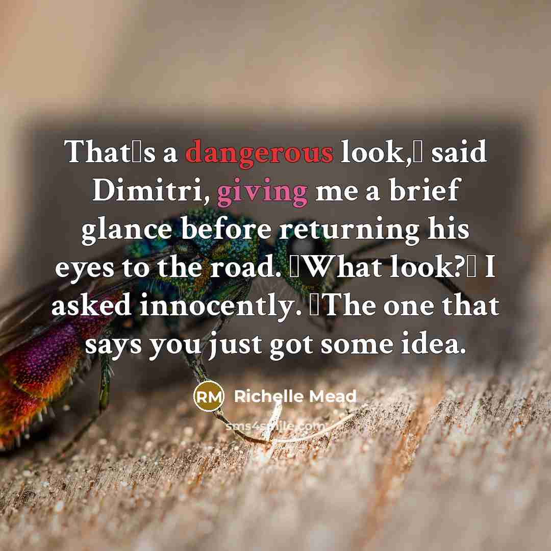 “Thatʹs a dangerous look,ʺ said Dimitri, giving me a brief glance before returning his eyes to the road. ʺWhat look?ʺ I asked innocently. ʺThe one that says you just got some idea.” quote by Richelle Mead