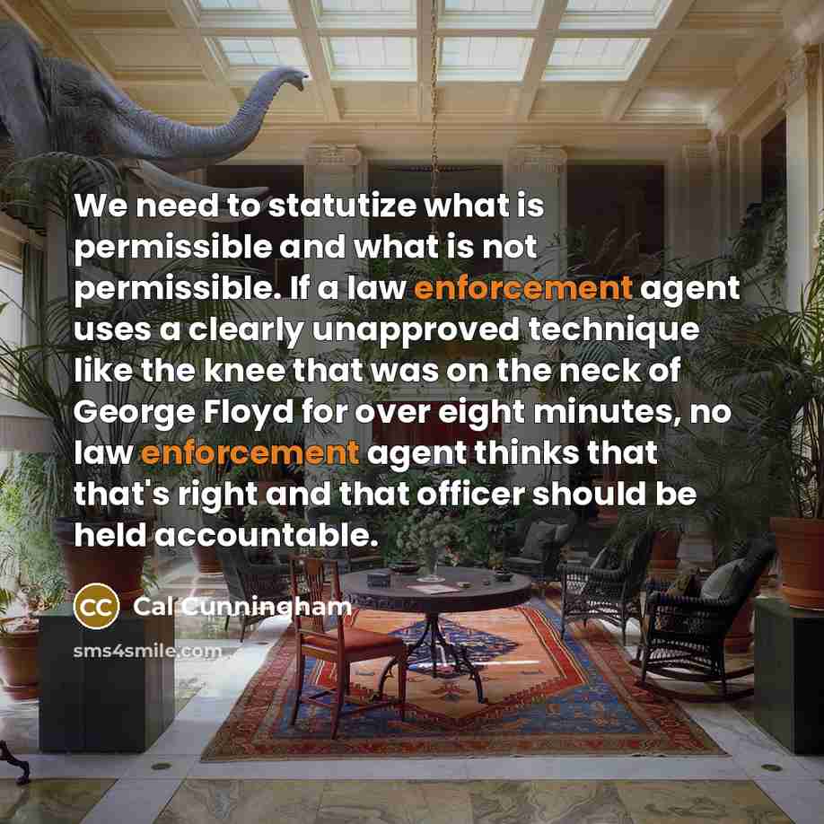 “We need to statutize what is permissible and what is not permissible. If a law enforcement agent uses a clearly unapproved technique like the knee that was on the neck of George Floyd for over eight minutes, no law enforcement agent thinks that that's right and that officer should be held…” quote by Cal Cunningham