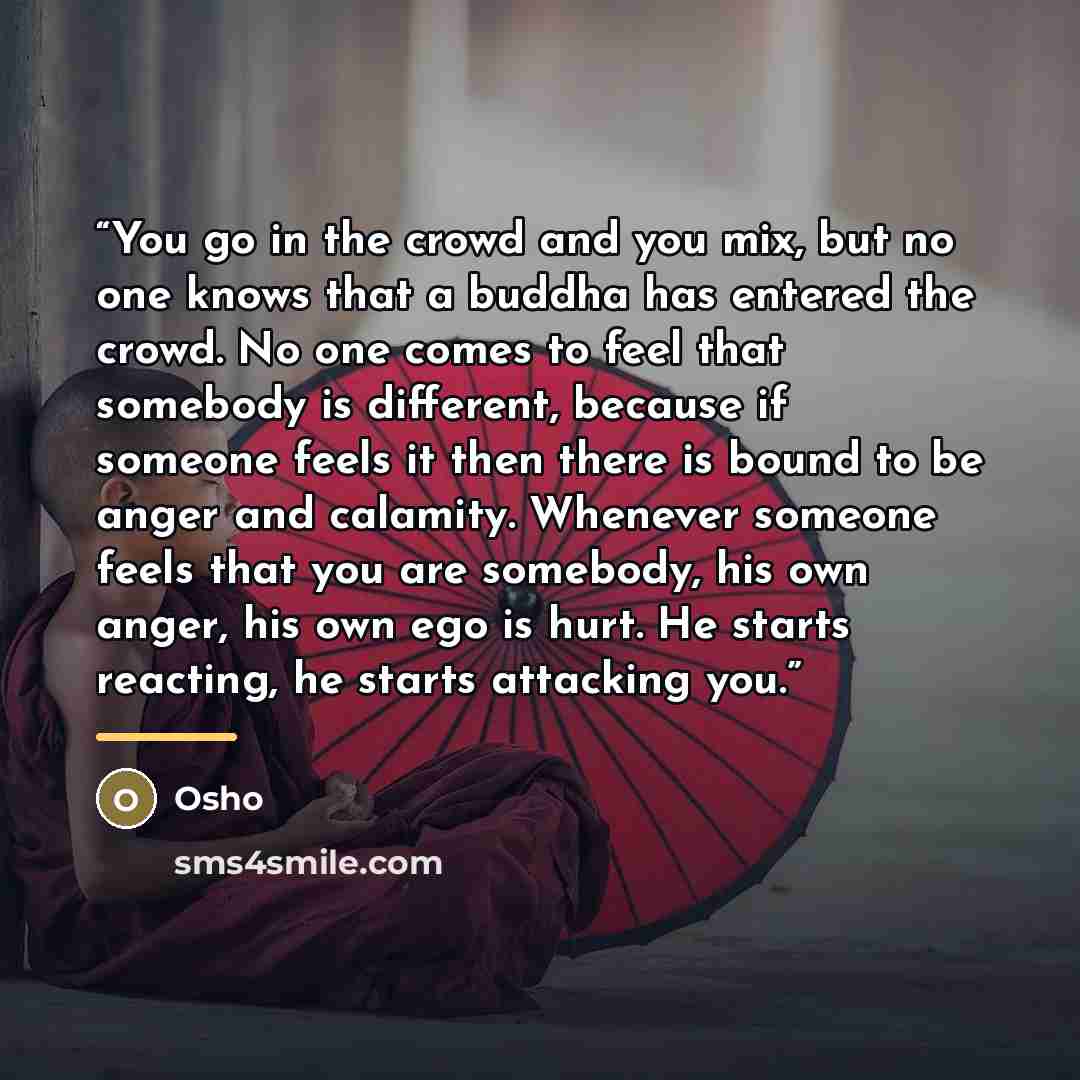 “You go in the crowd and you mix, but no one knows that a buddha has entered the crowd. No one comes to feel that somebody is different, because if someone feels it then there is bound to be anger and calamity. Whenever someone feels that you are somebody, his own anger, his own ego is hurt. He…” quote by Osho