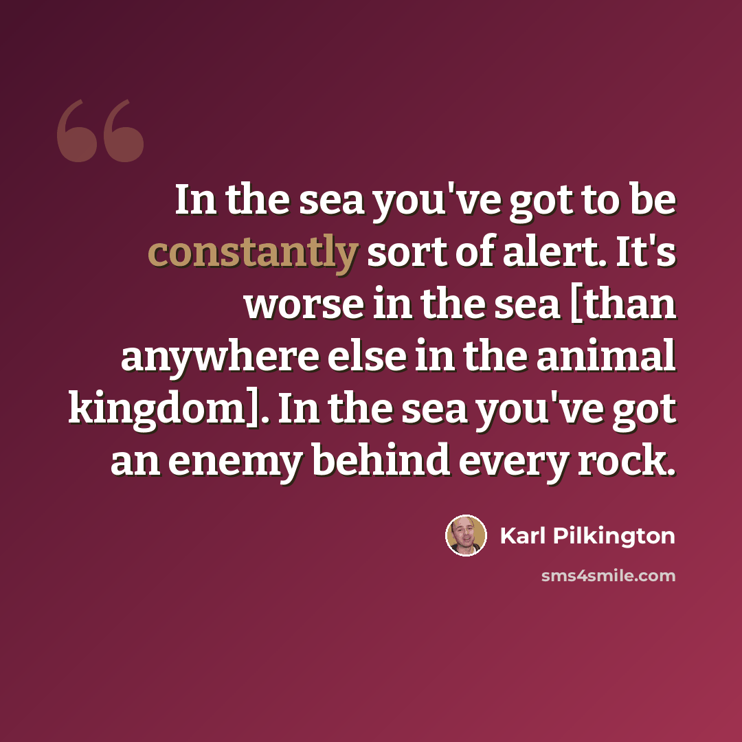 “In the sea you've got to be constantly sort of alert. It's worse in the sea [than anywhere else in the animal kingdom]. In the sea you've got an enemy behind every rock.” quote by Karl Pilkington