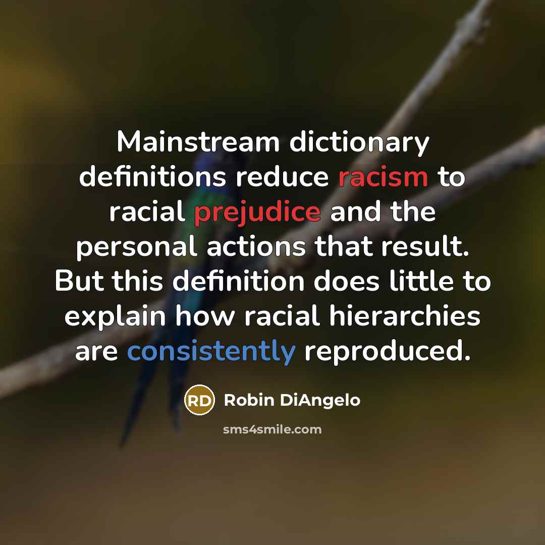 “Mainstream dictionary definitions reduce racism to racial prejudice and the personal actions that result. But this definition does little to explain how racial hierarchies are consistently reproduced.” quote by Robin DiAngelo