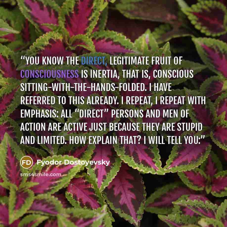 “You know the direct, legitimate fruit of consciousness is inertia, that is, conscious sitting-with-the-hands-folded. I have referred to this already. I repeat, I repeat with emphasis: all “direct” persons and men of action are active just because they are stupid and limited. How explain that? I…” quote by Fyodor Dostoyevsky