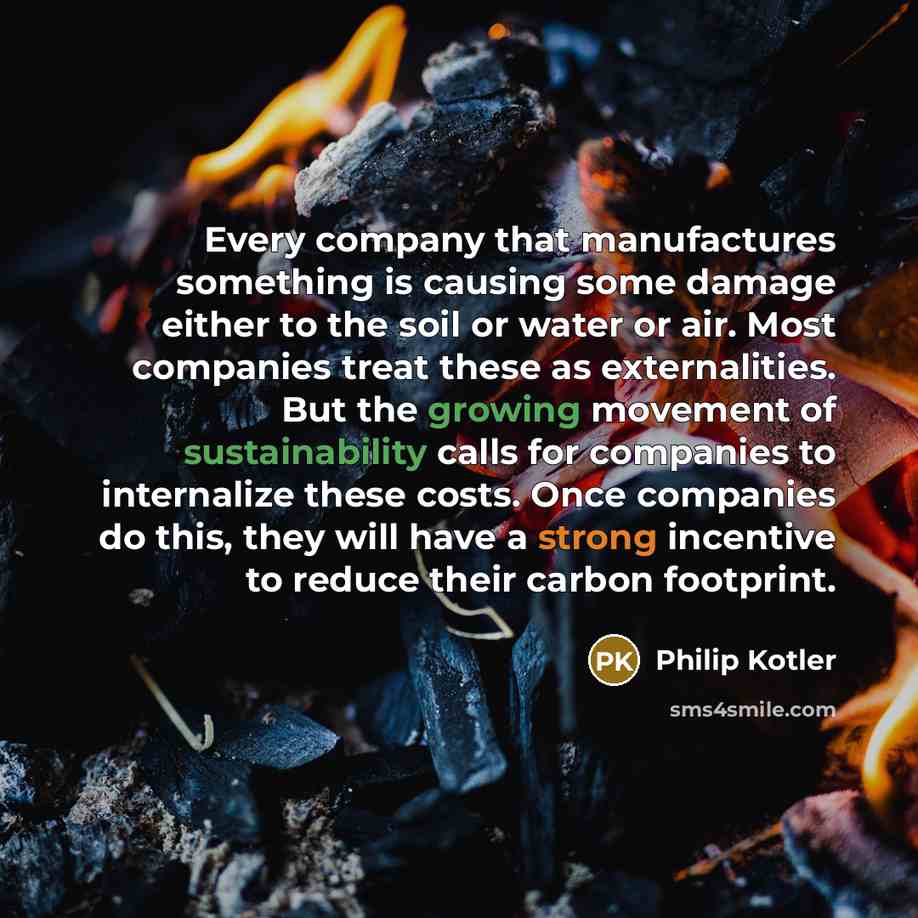 “Every company that manufactures something is causing some damage either to the soil or water or air. Most companies treat these as externalities. But the growing movement of sustainability calls for companies to internalize these costs. Once companies do this, they will have a strong incentive to…” quote by Philip Kotler