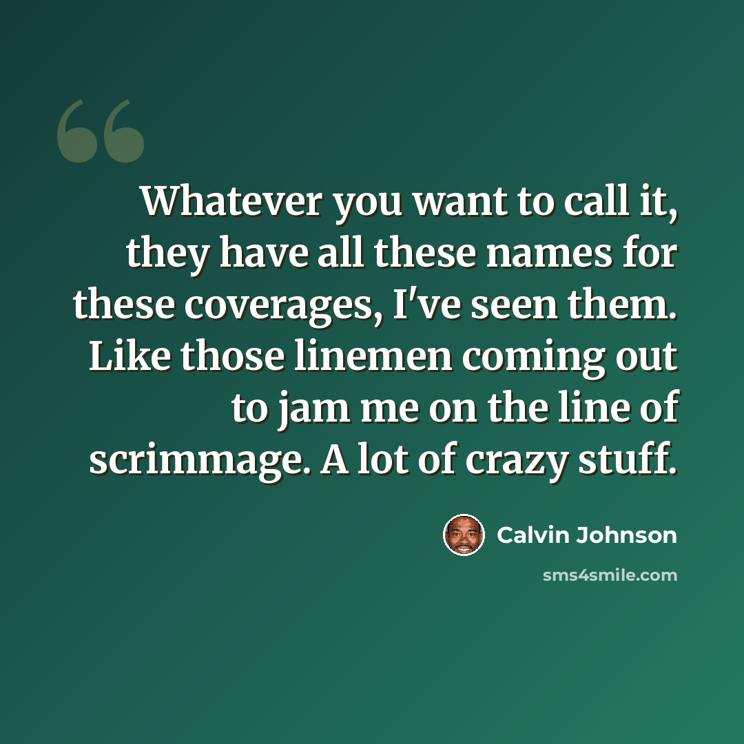 “Whatever you want to call it, they have all these names for these coverages, I've seen them. Like those linemen coming out to jam me on the line of scrimmage. A lot of crazy stuff.” quote by Calvin Johnson