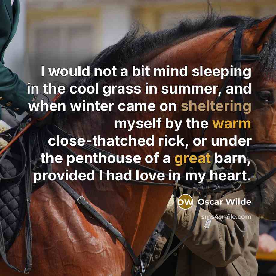 “I would not a bit mind sleeping in the cool grass in summer, and when winter came on sheltering myself by the warm close-thatched rick, or under the penthouse of a great barn, provided I had love in my heart.” quote by Oscar Wilde