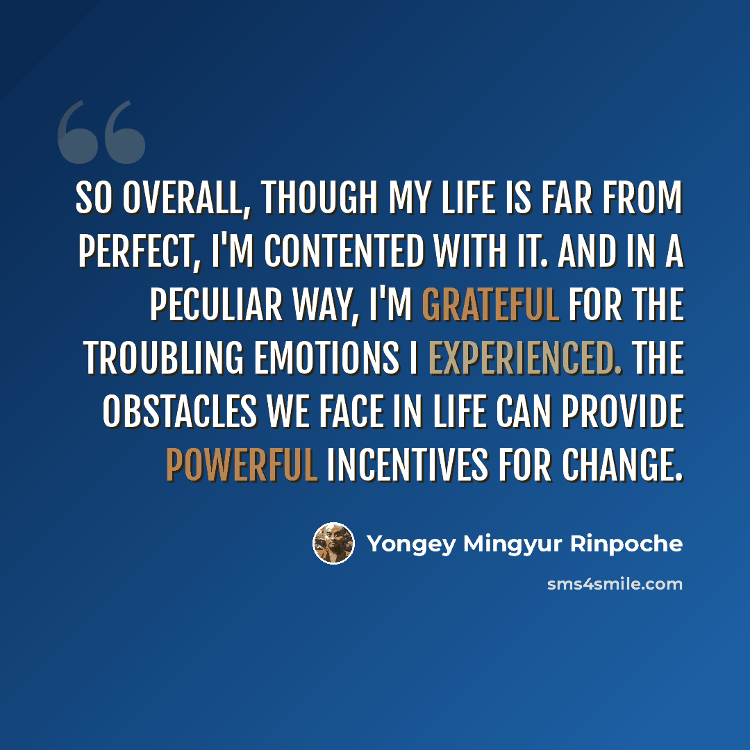 “So overall, though my life is far from perfect, I'm contented with it. And in a peculiar way, I'm grateful for the troubling emotions I experienced. The obstacles we face in life can provide powerful incentives for change.” quote by Yongey Mingyur Rinpoche
