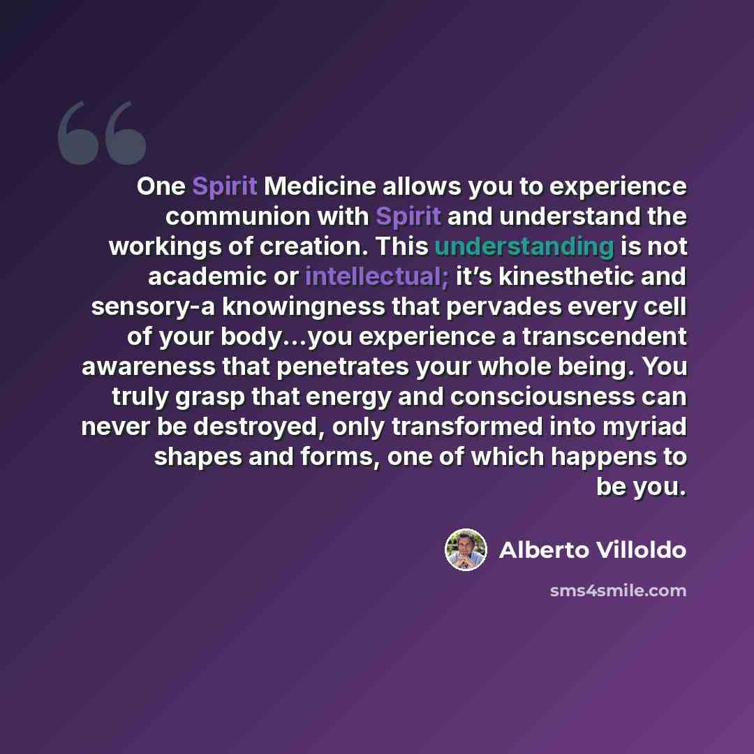 “One Spirit Medicine allows you to experience communion with Spirit and understand the workings of creation. This understanding is not academic or intellectual; it’s kinesthetic and sensory-a knowingness that pervades every cell of your body...you experience a transcendent awareness that penetrates…” quote by Alberto Villoldo