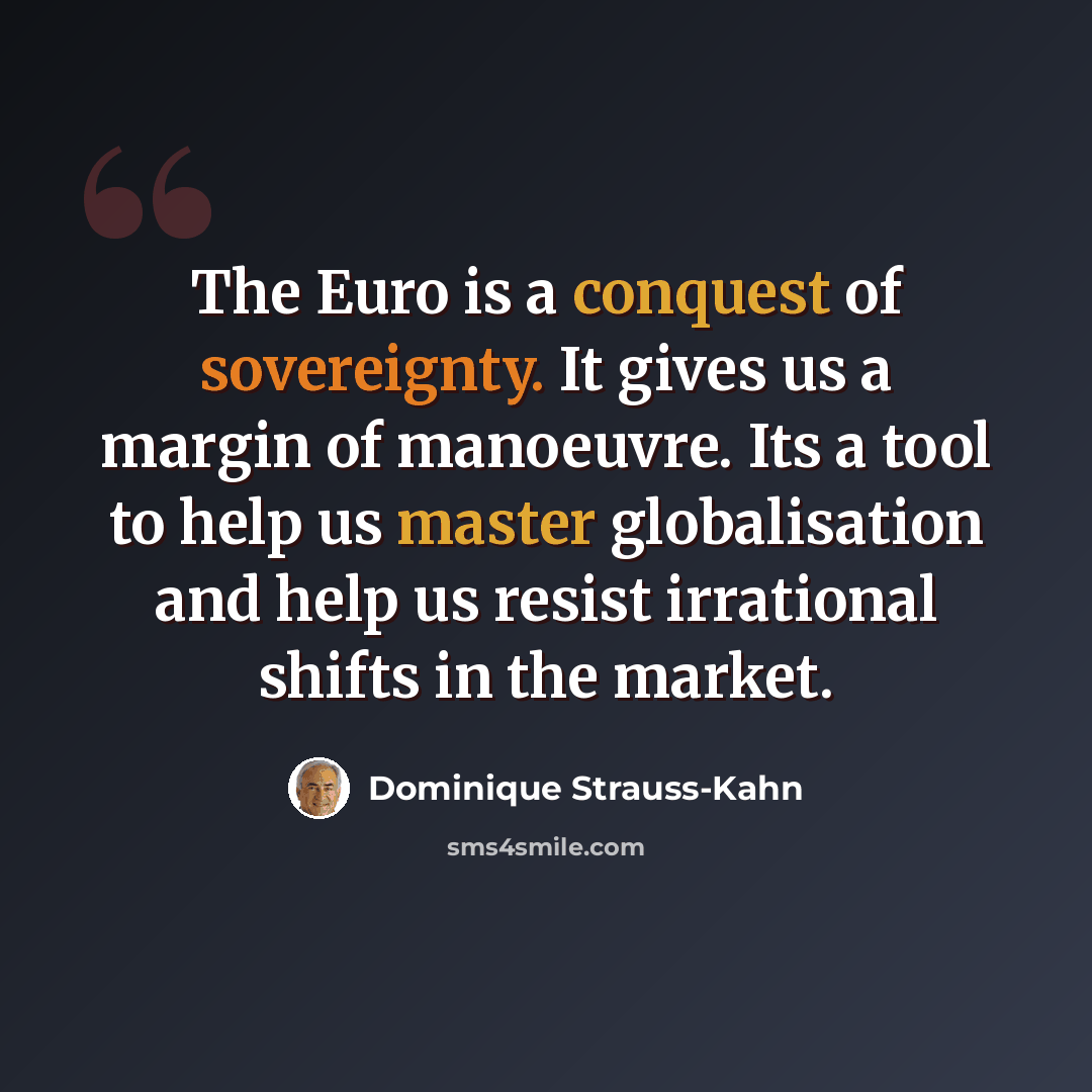 “The Euro is a conquest of sovereignty. It gives us a margin of manoeuvre. Its a tool to help us master globalisation and help us resist irrational shifts in the market.” quote by Dominique Strauss-Kahn