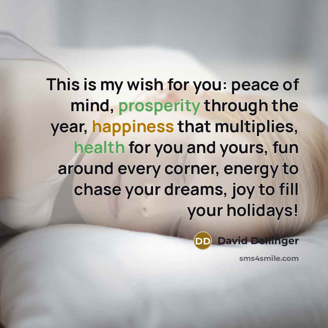 “This is my wish for you: peace of mind, prosperity through the year, happiness that multiplies, health for you and yours, fun around every corner, energy to chase your dreams, joy to fill your holidays!” quote by David Dellinger