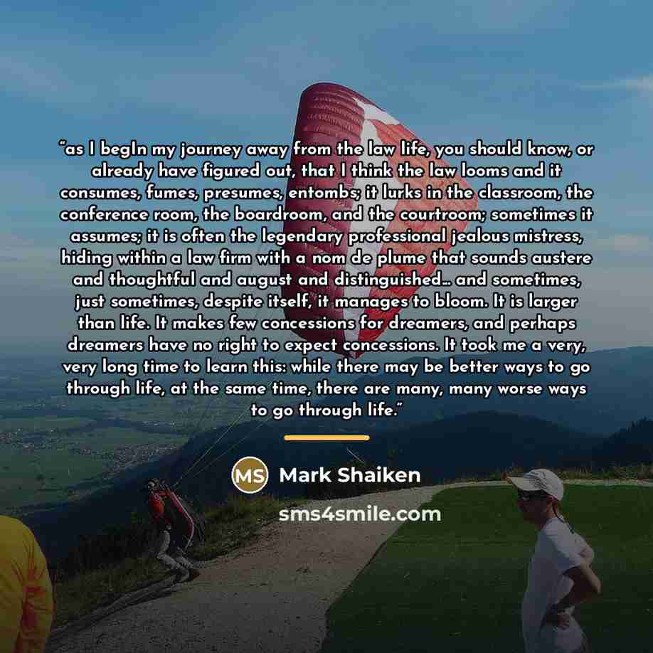 “as I begIn my journey away from the law life, you should know, or already have figured out, that I think the law looms and it consumes, fumes, presumes, entombs; it lurks in the classroom, the conference room, the boardroom, and the courtroom; sometimes it assumes; it is often the legendary…” quote by Mark Shaiken
