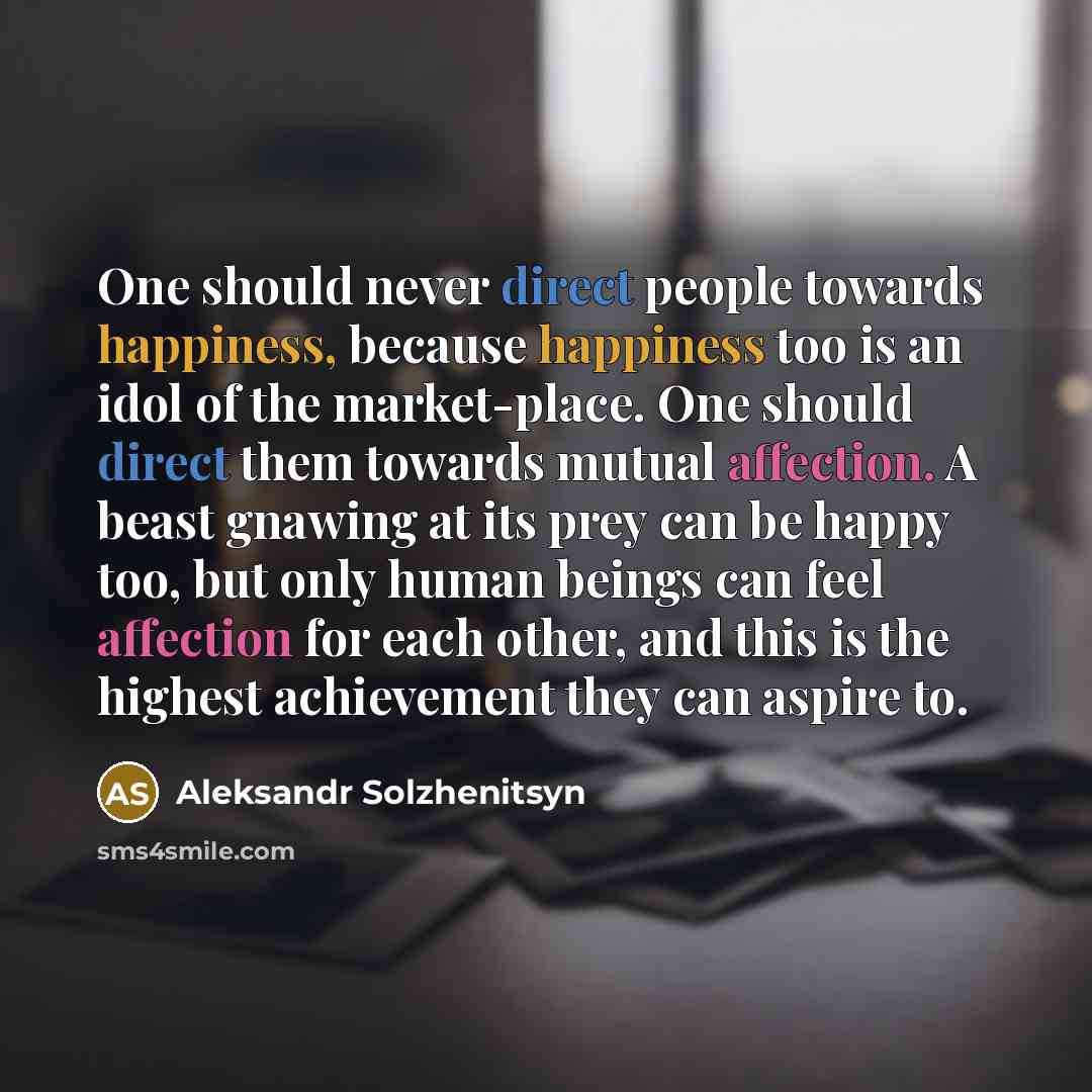 “One should never direct people towards happiness, because happiness too is an idol of the market-place. One should direct them towards mutual affection. A beast gnawing at its prey can be happy too, but only human beings can feel affection for each other, and this is the highest achievement they…” quote by Aleksandr Solzhenitsyn