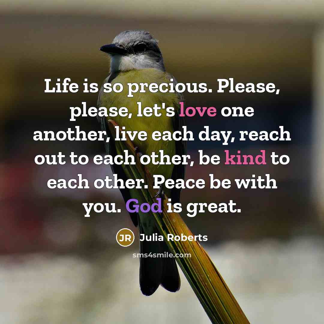 “Life is so precious. Please, please, let's love one another, live each day, reach out to each other, be kind to each other. Peace be with you. God is great.” quote by Julia Roberts