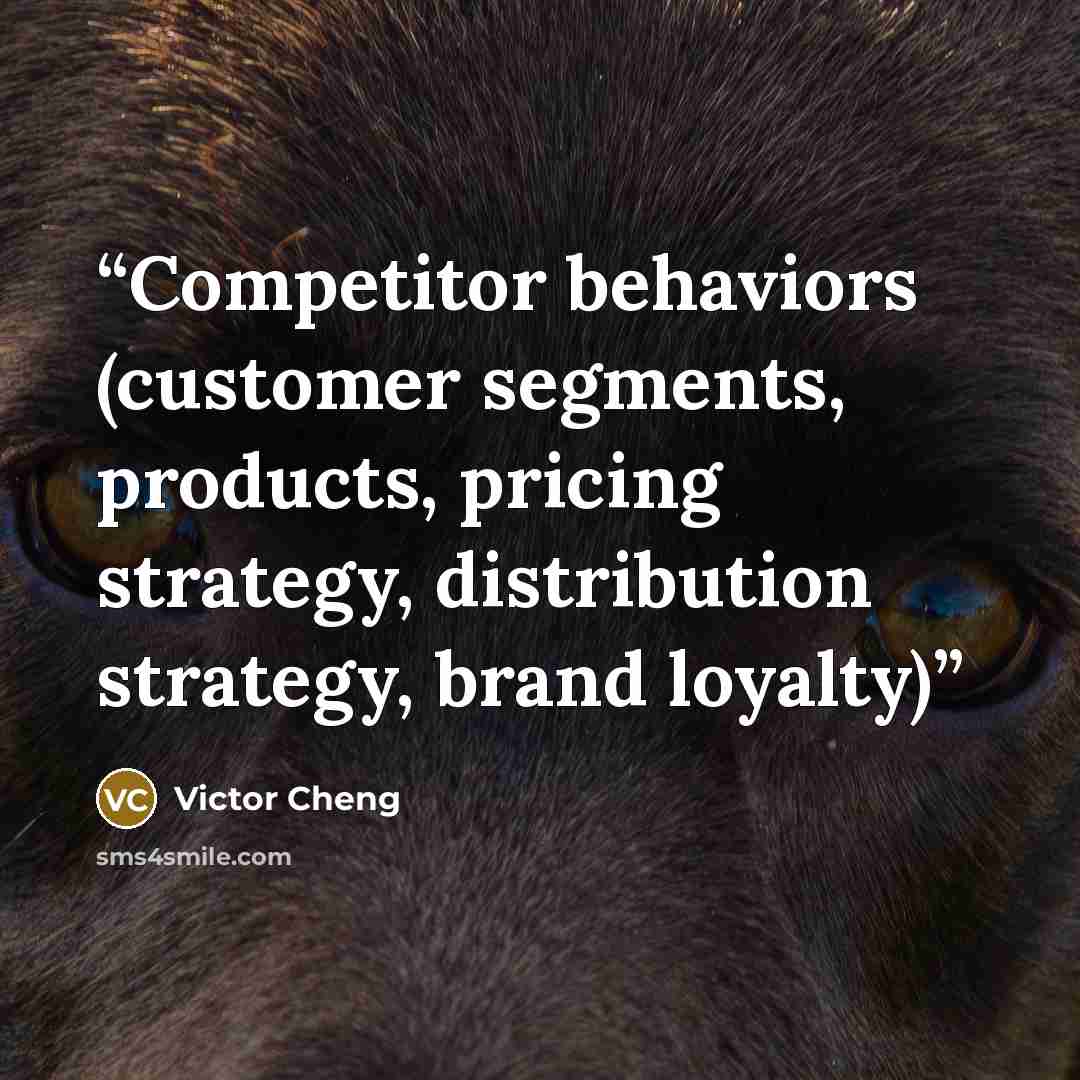 “Competitor behaviors (customer segments, products, pricing strategy, distribution strategy, brand loyalty)” quote by Victor Cheng