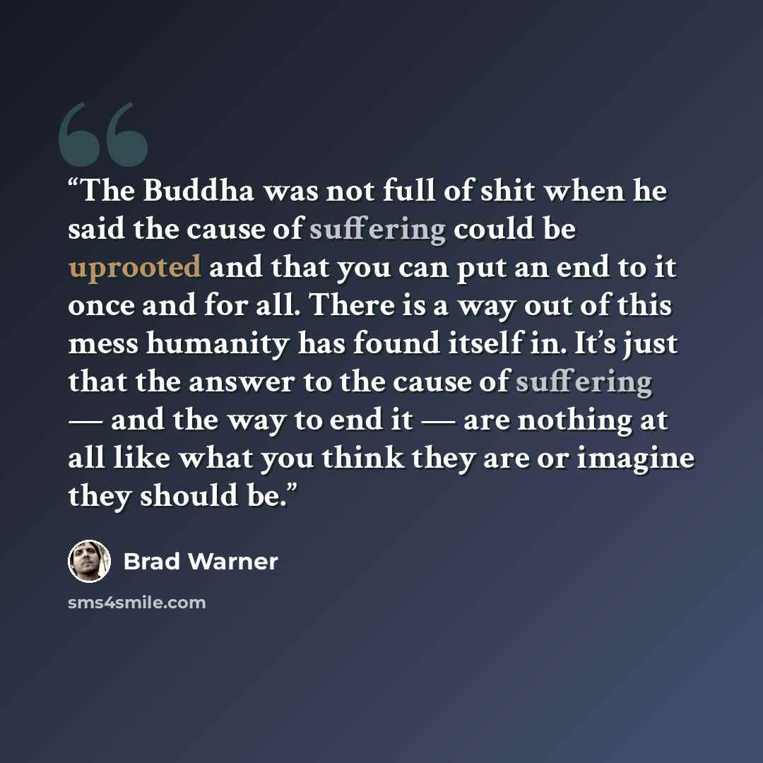 “The Buddha was not full of shit when he said the cause of suffering could be uprooted and that you can put an end to it once and for all. There is a way out of this mess humanity has found itself in. It’s just that the answer to the cause of suffering — and the way to end it — are nothing at all…” quote by Brad Warner