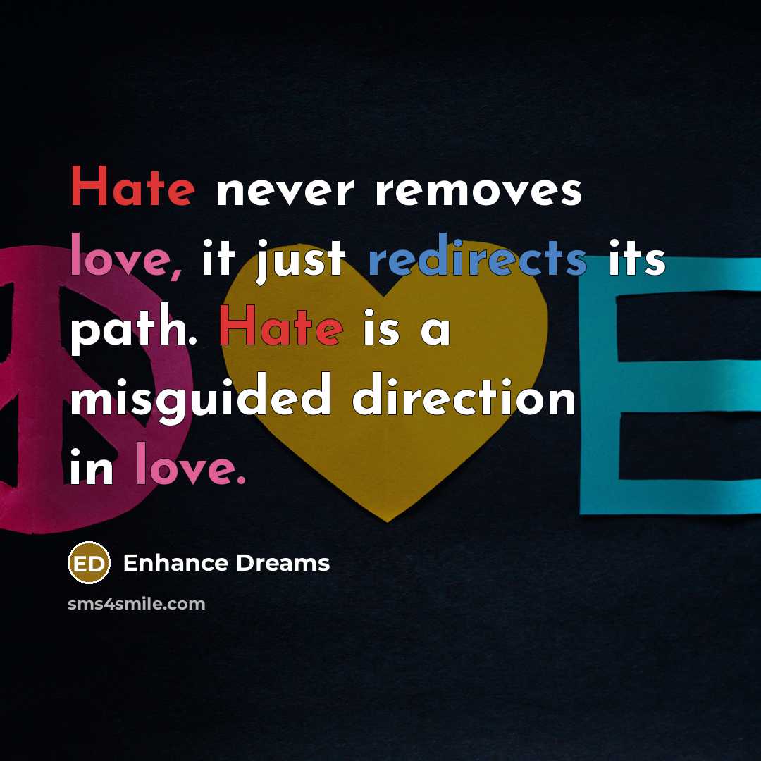 “Hate never removes love, it just redirects its path. Hate is a misguided direction in love.” quote by Enhance Dreams
