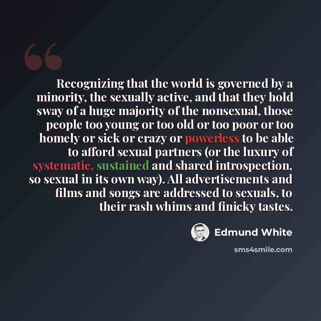 “Recognizing that the world is governed by a minority, the sexually active, and that they hold sway of a huge majority of the nonsexual, those people too young or too old or too poor or too homely or sick or crazy or powerless to be able to afford sexual partners (or the luxury of systematic…” quote by Edmund White