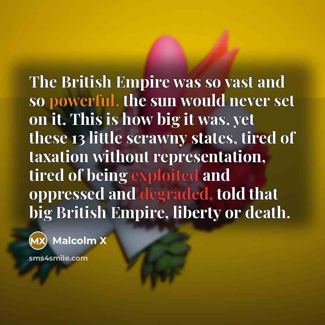 “The British Empire was so vast and so powerful, the sun would never set on it. This is how big it was, yet these 13 little scrawny states, tired of taxation without representation, tired of being exploited and oppressed and degraded, told that big British Empire, liberty or death.” quote by Malcolm X
