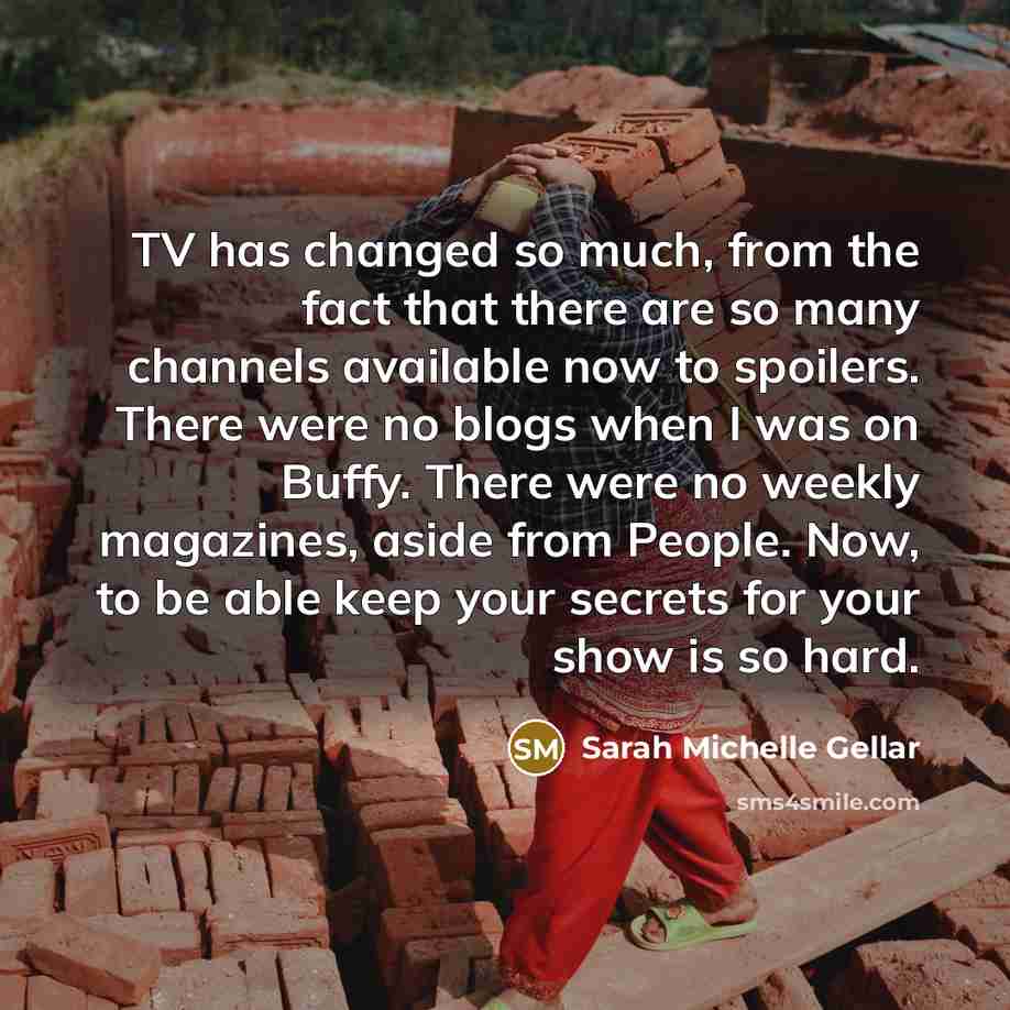 “TV has changed so much, from the fact that there are so many channels available now to spoilers. There were no blogs when I was on Buffy. There were no weekly magazines, aside from People. Now, to be able keep your secrets for your show is so hard.” quote by Sarah Michelle Gellar