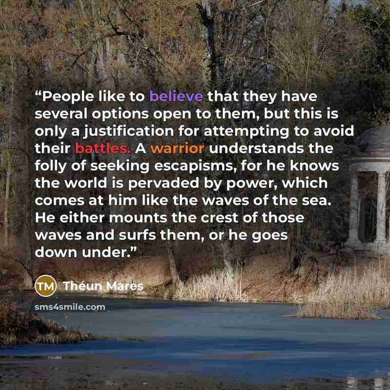 “People like to believe that they have several options open to them, but this is only a justification for attempting to avoid their battles. A warrior understands the folly of seeking escapisms, for he knows the world is pervaded by power, which comes at him like the waves of the sea. He either…” quote by Théun Mares