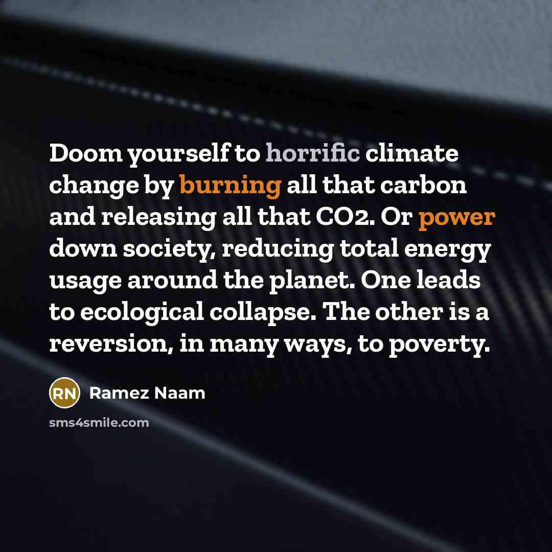 “Doom yourself to horrific climate change by burning all that carbon and releasing all that CO2. Or power down society, reducing total energy usage around the planet. One leads to ecological collapse. The other is a reversion, in many ways, to poverty.” quote by Ramez Naam