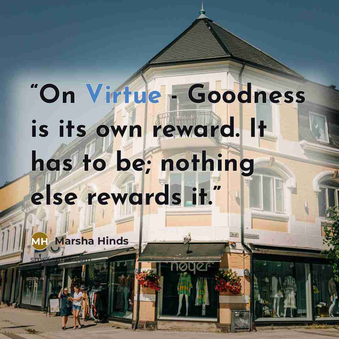 “On Virtue - Goodness is its own reward. It has to be; nothing else rewards it.” quote by Marsha Hinds