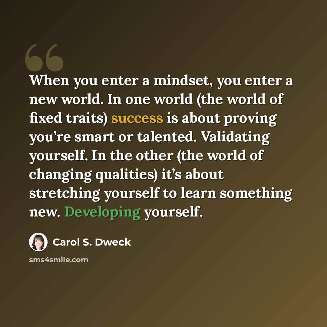 “When you enter a mindset, you enter a new world. In one world (the world of fixed traits) success is about proving you’re smart or talented. Validating yourself. In the other (the world of changing qualities) it’s about stretching yourself to learn something new. Developing yourself.” quote by Carol S. Dweck