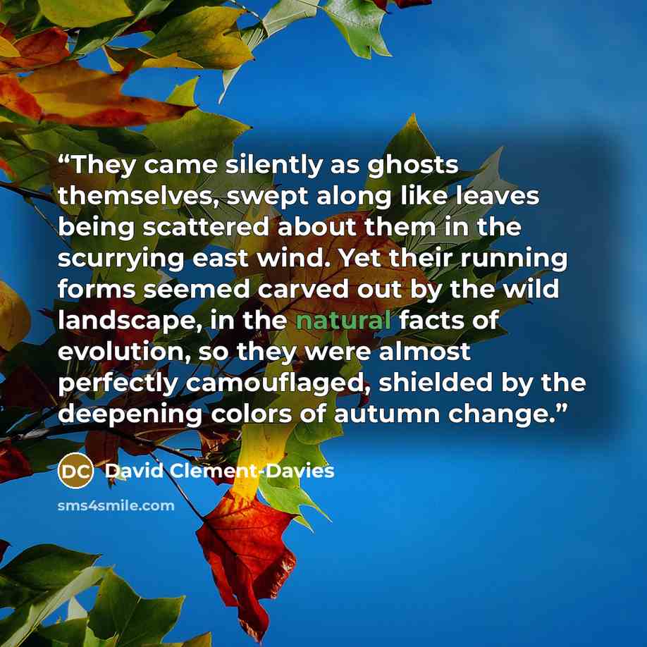 “They came silently as ghosts themselves, swept along like leaves being scattered about them in the scurrying east wind. Yet their running forms seemed carved out by the wild landscape, in the natural facts of evolution, so they were almost perfectly camouflaged, shielded by the deepening colors of…” quote by David Clement-Davies