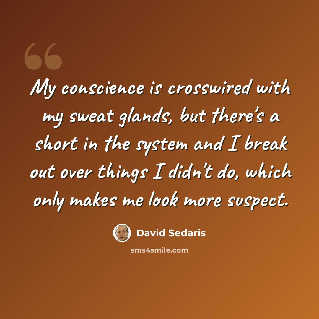 “My conscience is crosswired with my sweat glands, but there's a short in the system and I break out over things I didn't do, which only makes me look more suspect.” quote by David Sedaris