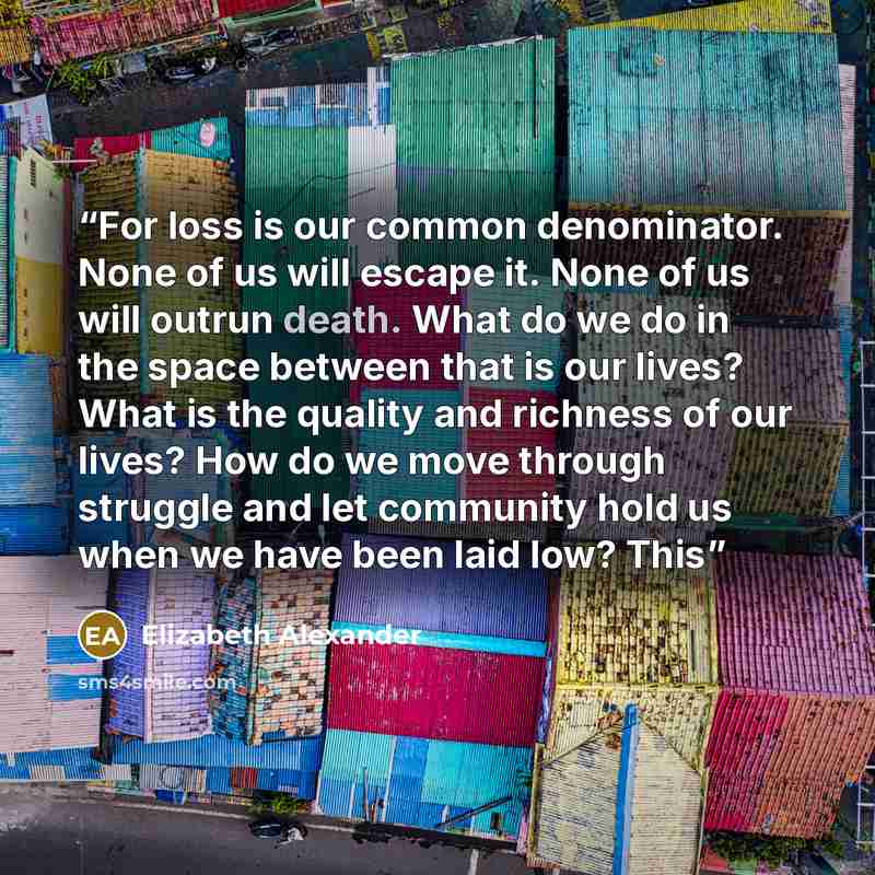 “For loss is our common denominator. None of us will escape it. None of us will outrun death. What do we do in the space between that is our lives? What is the quality and richness of our lives? How do we move through struggle and let community hold us when we have been laid low? This” quote by Elizabeth Alexander