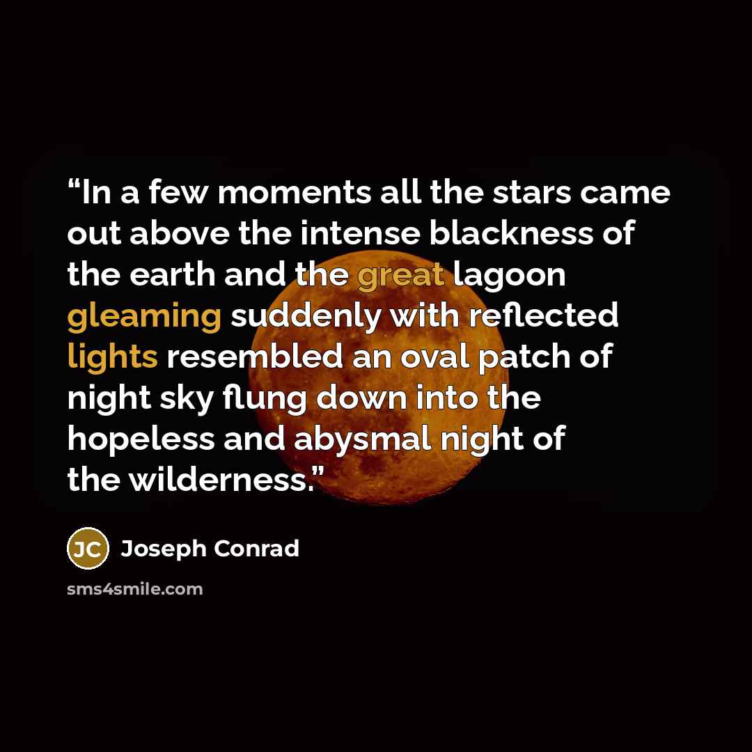 “In a few moments all the stars came out above the intense blackness of the earth and the great lagoon gleaming suddenly with reflected lights resembled an oval patch of night sky flung down into the hopeless and abysmal night of the wilderness.” quote by Joseph Conrad