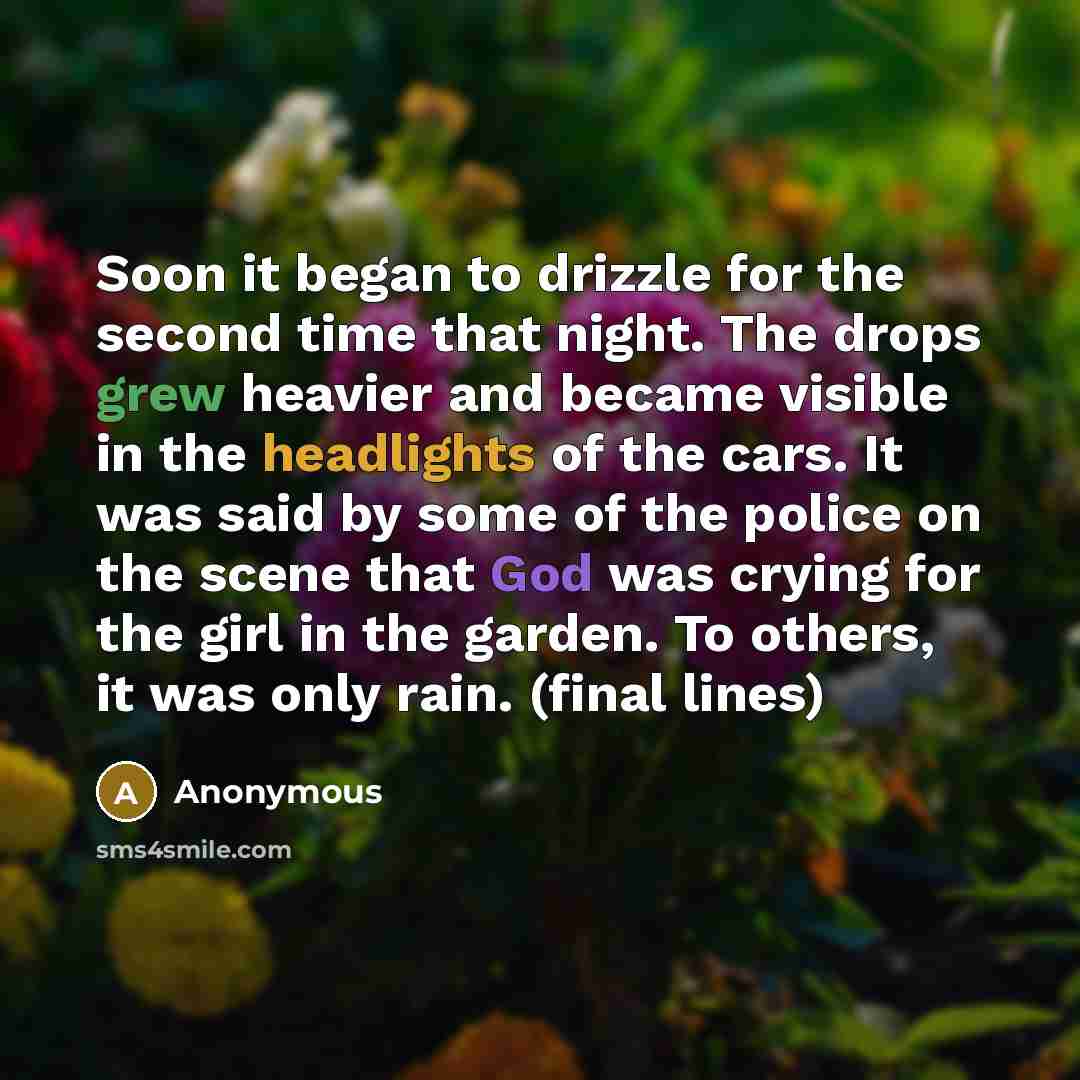 “Soon it began to drizzle for the second time that night. The drops grew heavier and became visible in the headlights of the cars. It was said by some of the police on the scene that God was crying for the girl in the garden. To others, it was only rain. (final lines)” quote by Anonymous