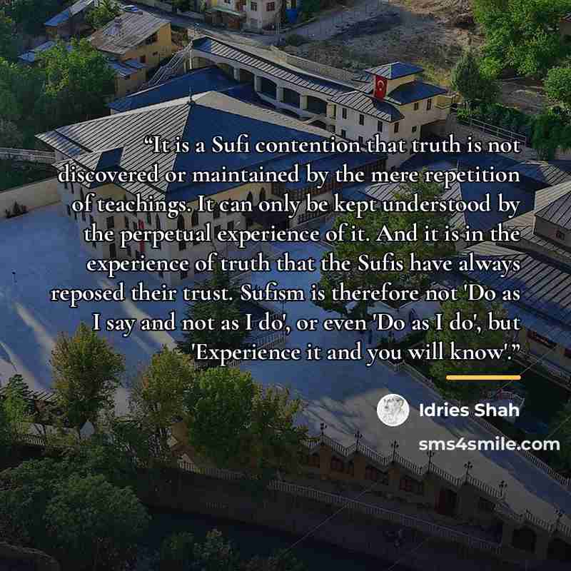 “It is a Sufi contention that truth is not discovered or maintained by the mere repetition of teachings. It can only be kept understood by the perpetual experience of it. And it is in the experience of truth that the Sufis have always reposed their trust. Sufism is therefore not 'Do as I say and…” quote by Idries Shah