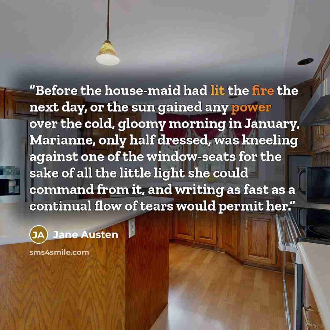 “Before the house-maid had lit the fire the next day, or the sun gained any power over the cold, gloomy morning in January, Marianne, only half dressed, was kneeling against one of the window-seats for the sake of all the little light she could command from it, and writing as fast as a continual…” quote by Jane Austen
